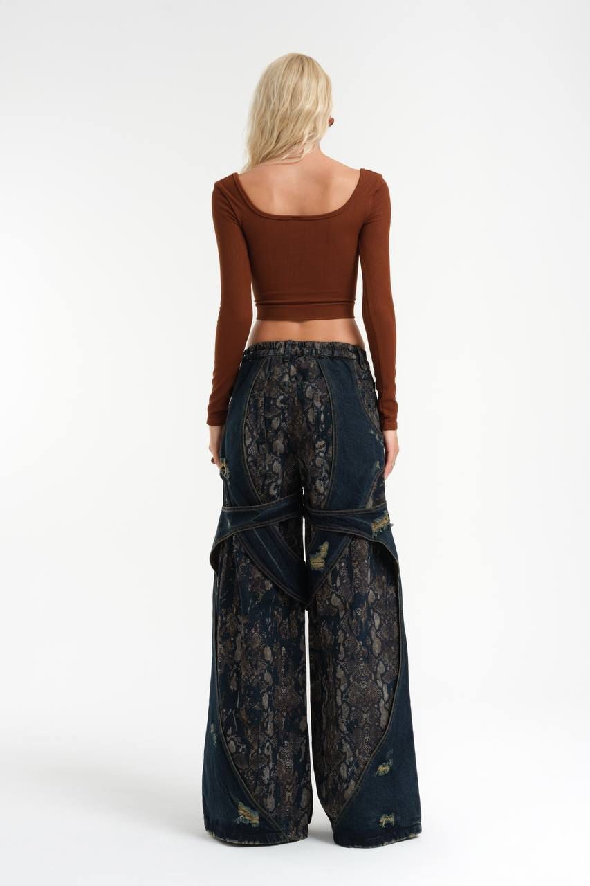 Snake Pattern Printed Mixed Wide Leg Jean