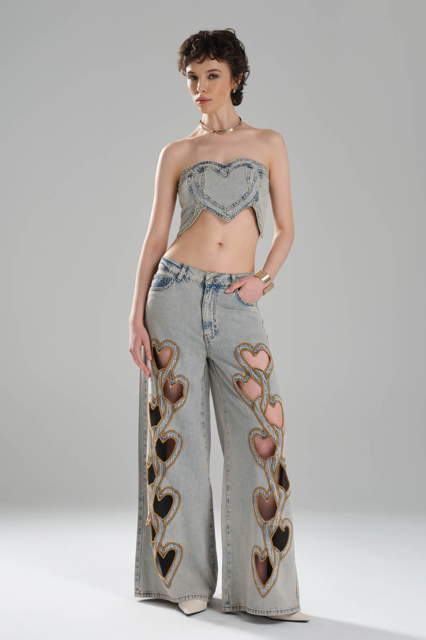 Kadın Kalp Nakışlı Tasarım Denim Palazzo Jean