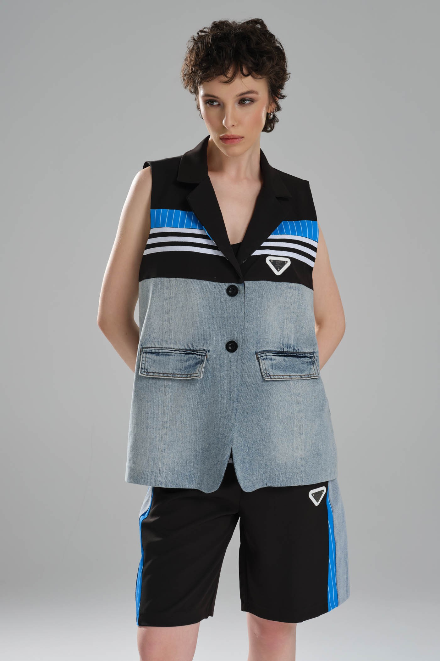 Kadın Şerit Detaylı ve Denim Garnili Tasarım Oversize Yelek