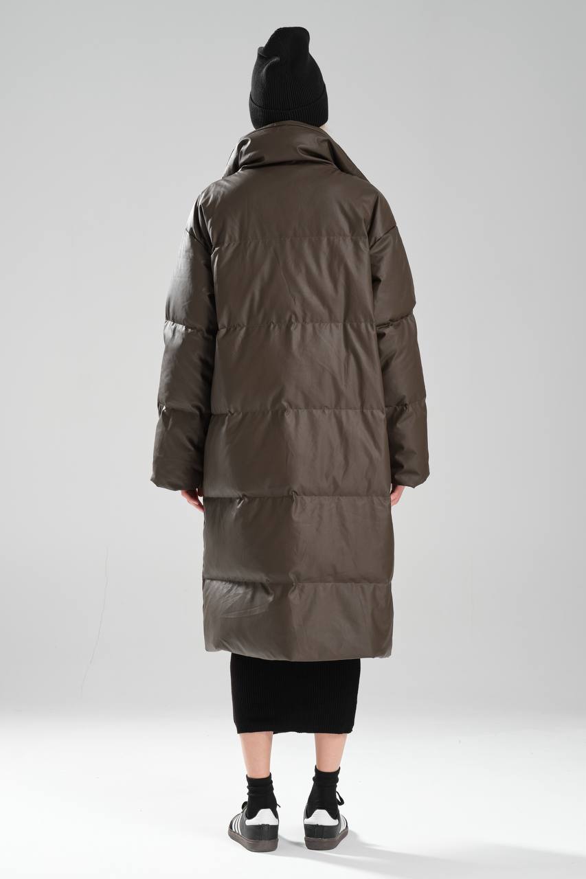 Kadın Suni Deri Kaz Tüyü Dolumlu Tasarım Uzun Mont