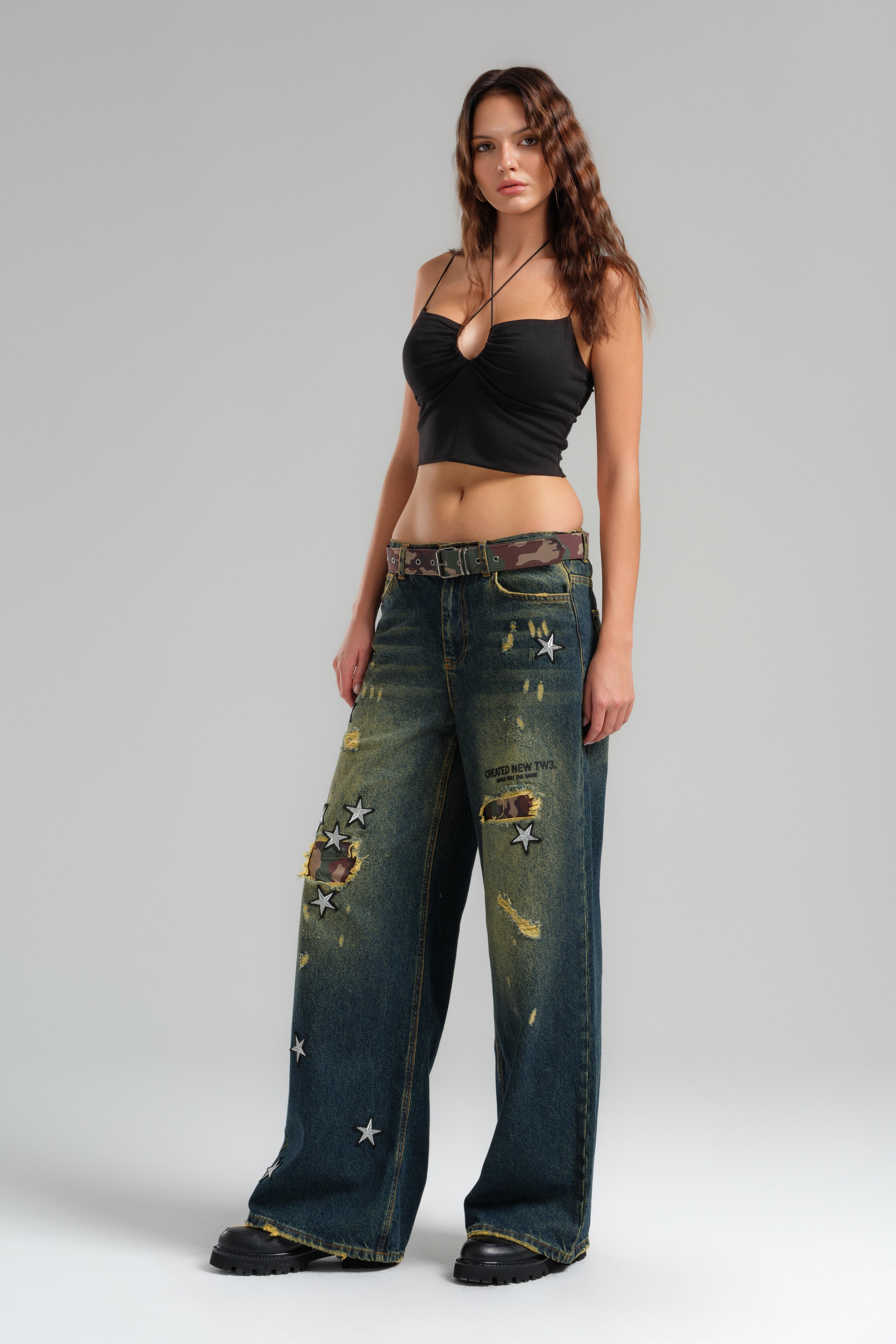 Camouflage Belt Wide Leg Trousers with Star Crest Detail