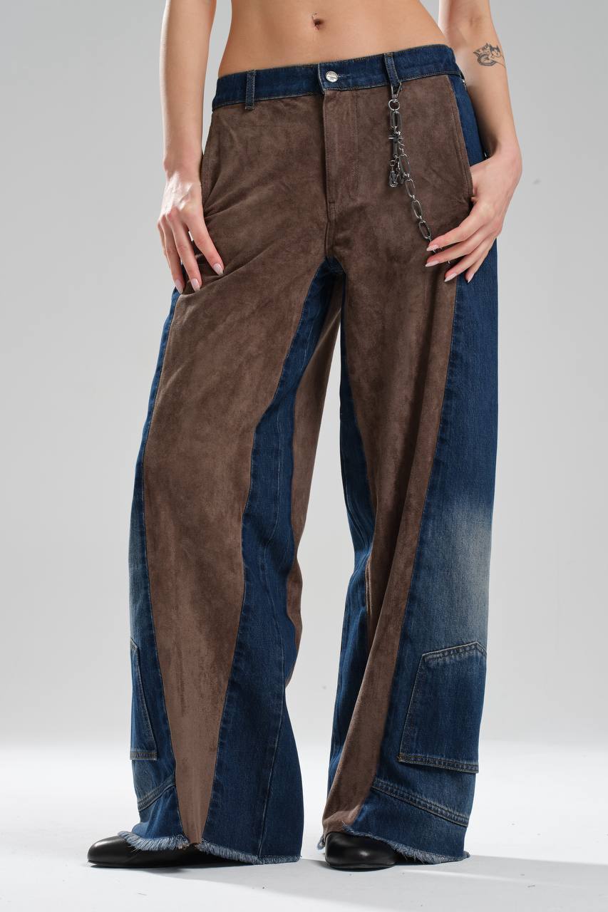 Kadın Süet Kumaş Garnili Zincir Detaylı Tasarım Pantolon