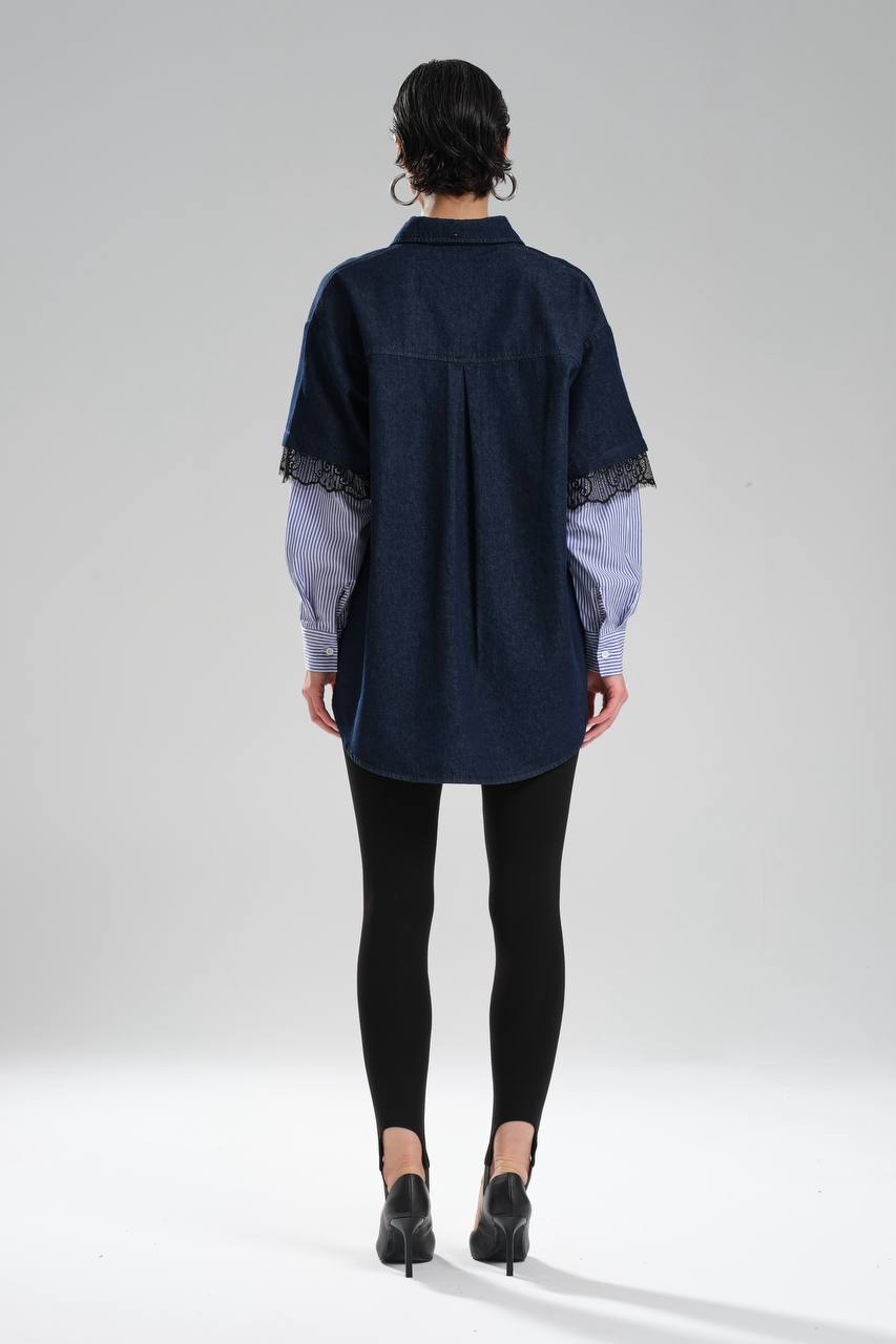 Kadın Denim Kolları Dantel ve Poplin Kumaş Detaylı Tasarım Gömlek