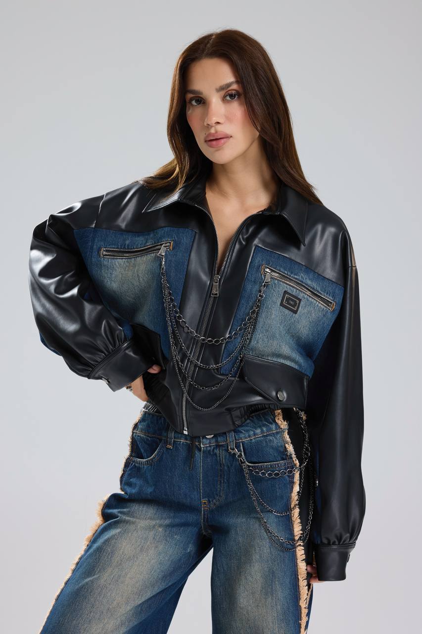 Kadın Denim Garnili Zincir Detaylı Suni Deri Tasarım Ceket