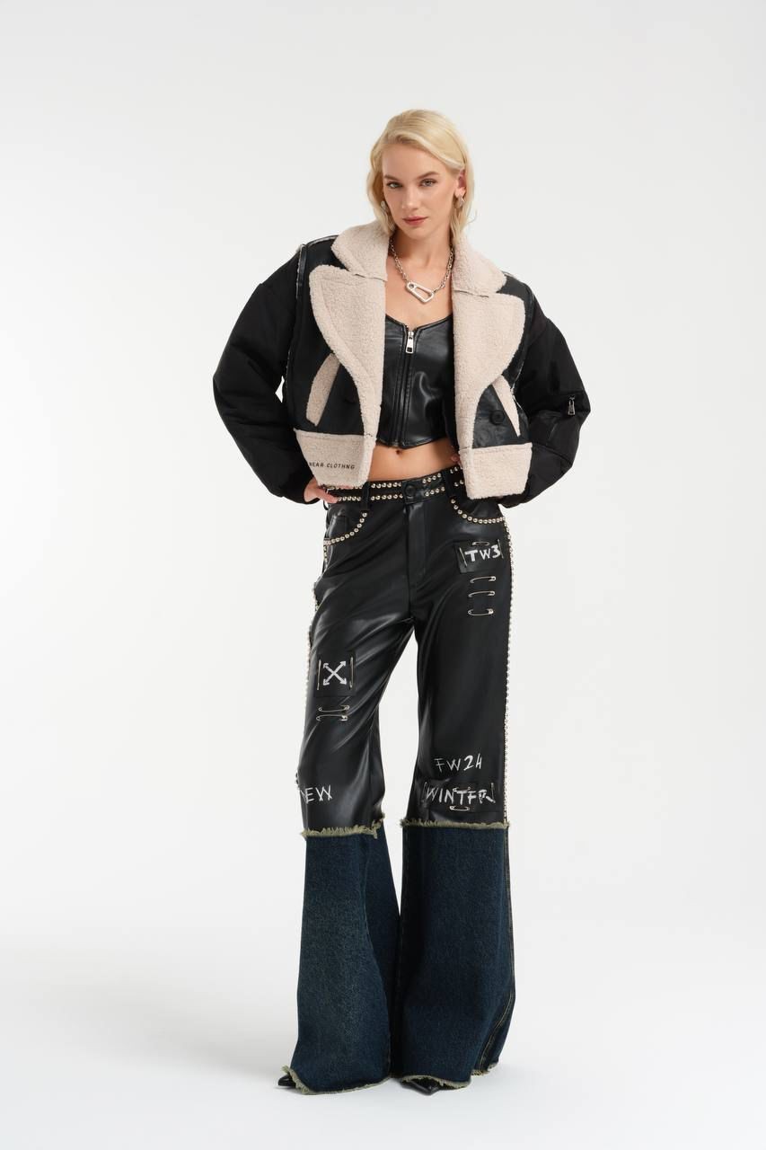 Denim Mixed, Flared Leg Leather Trousers