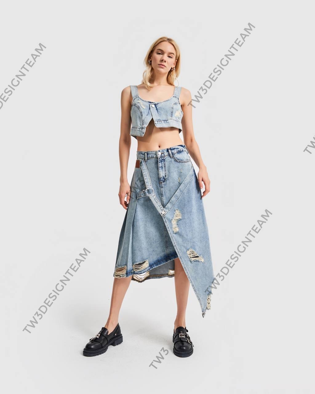 Kadın Denim Kumaş Askılı Crop Tasarım Bluz