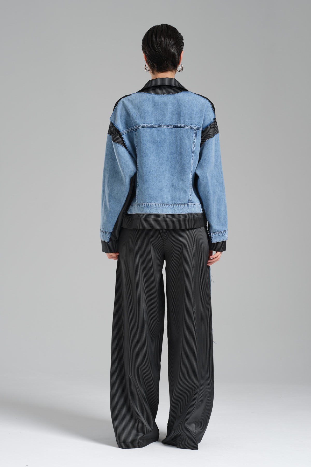 Kadın Denim ve Saten Garnili Tasarım Palazzo Pantolon