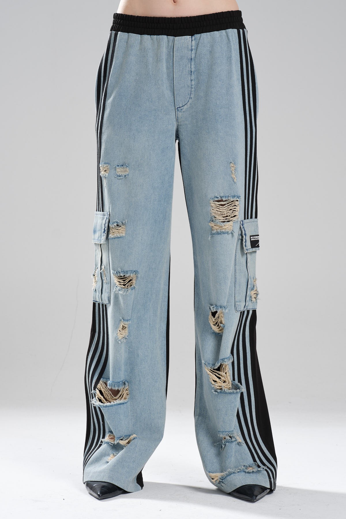 Kadın Arkası Örme Önü Denim Şerit Detaylı Tasarım Palazzo Fit Pantolon