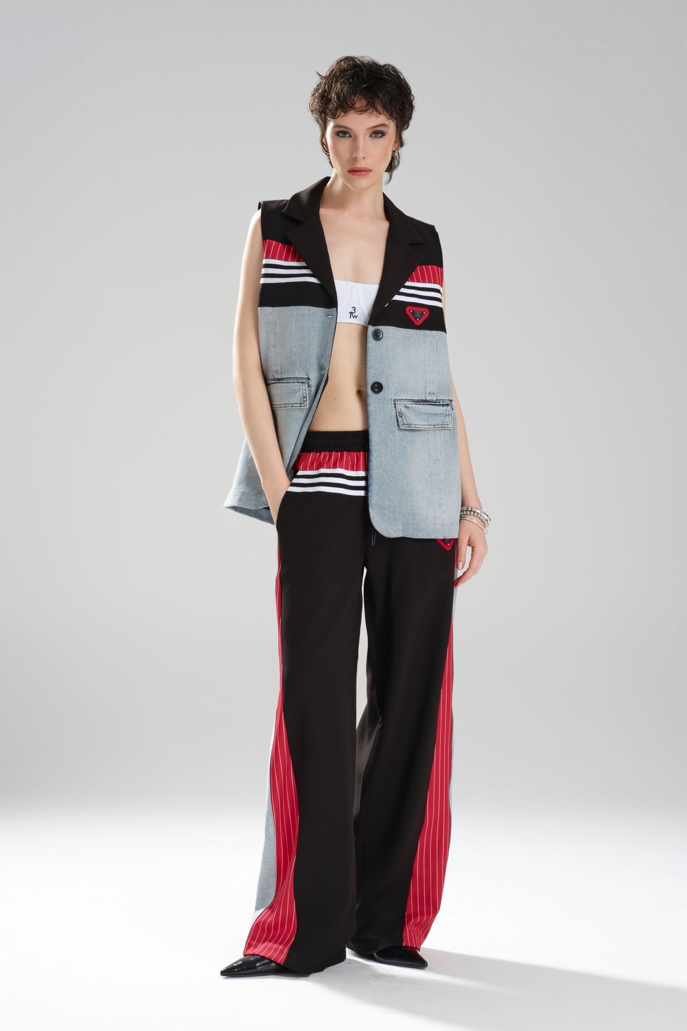 Kadın Şerit Detaylı ve Denim Garnili Tasarım Oversize Yelek