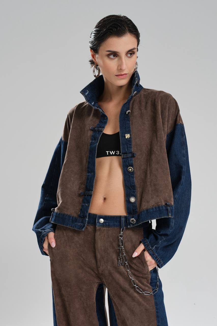 Kadın Süet Kumaş Garnili Düğme Detaylı Tasarım Ceket