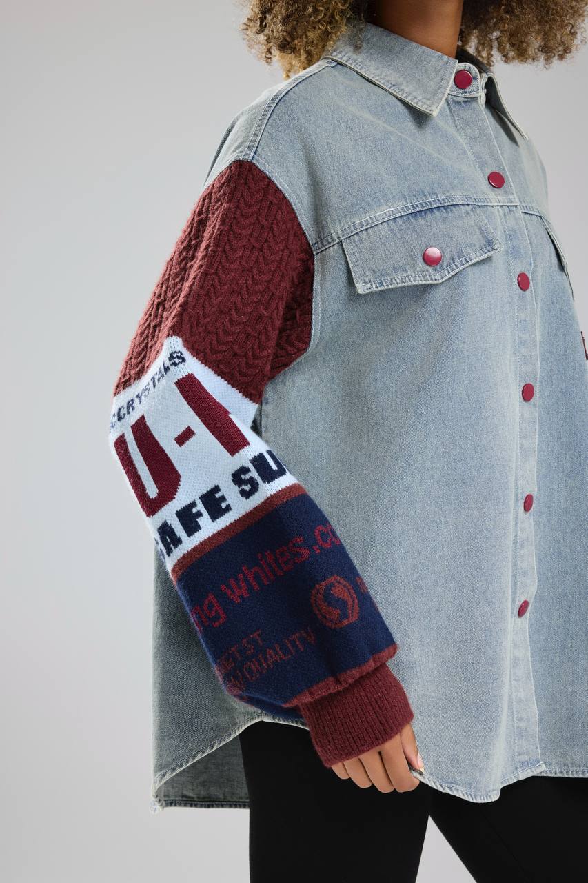 Kadın Kolları Triko Örgü Detaylı Denim Tasarım Gömlek Ceket