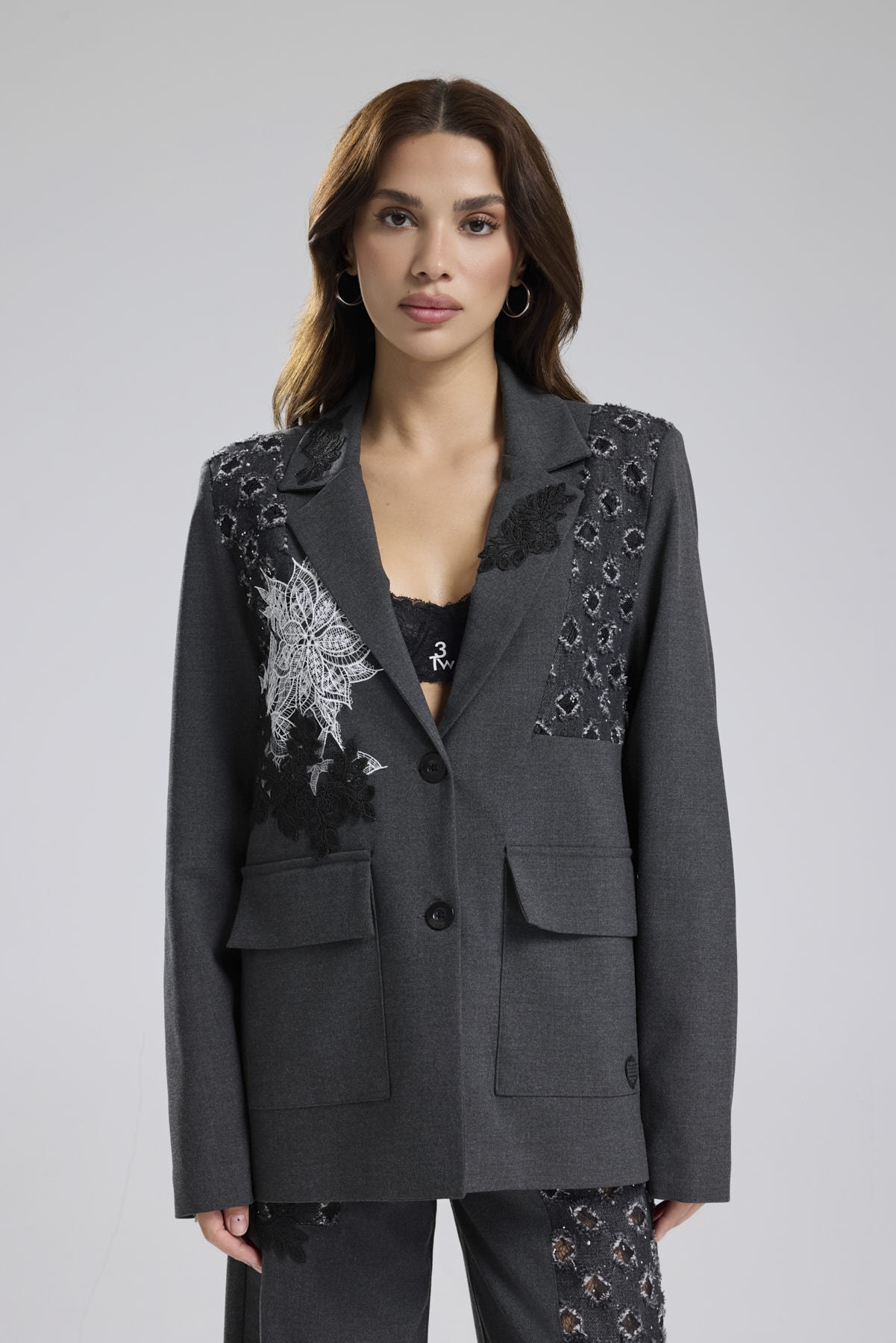 Kadın Dantel Aplike Detaylı Tasarım Blazer Ceket