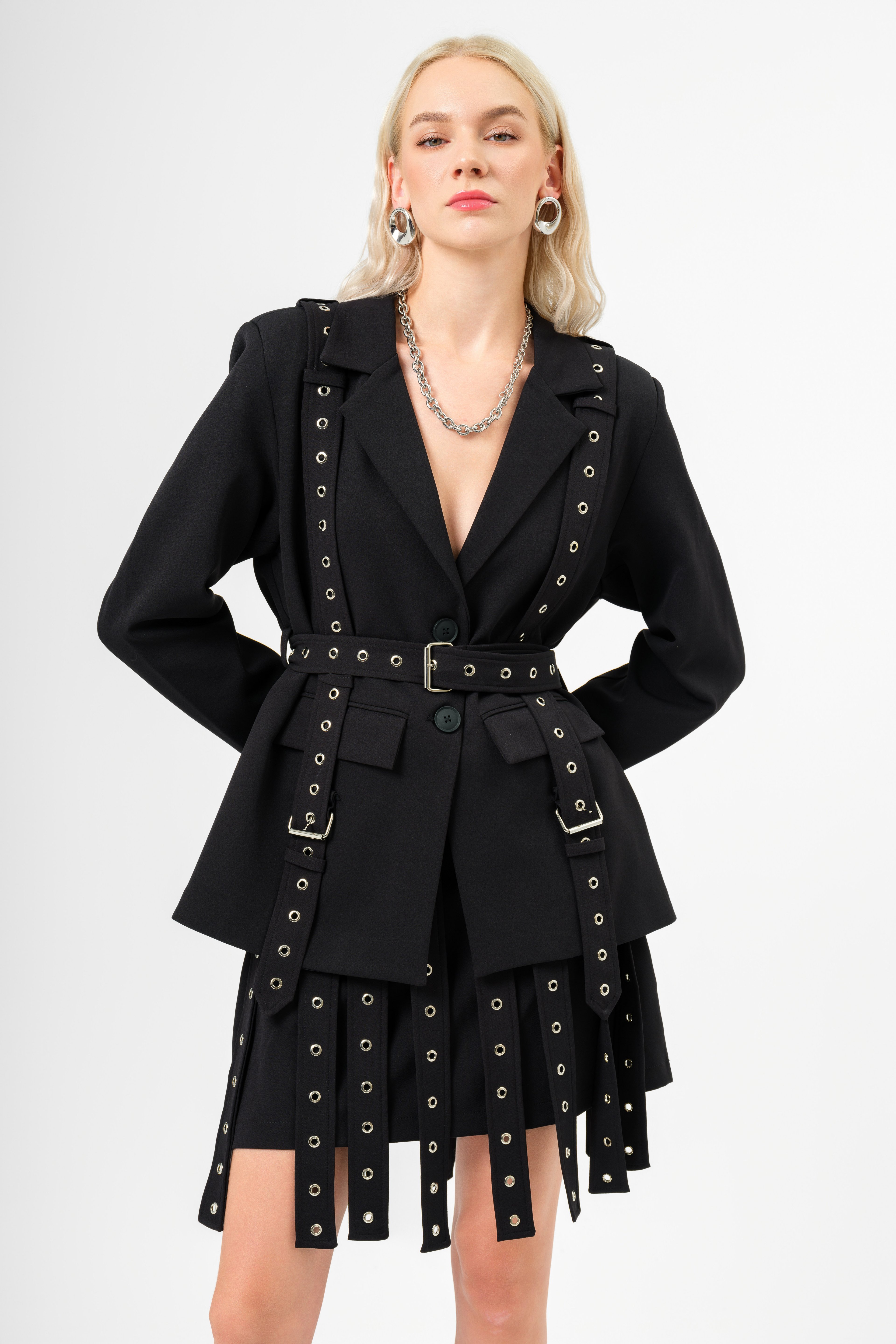 Blazer Jacket with Belt Detail on Shoulders and Waist