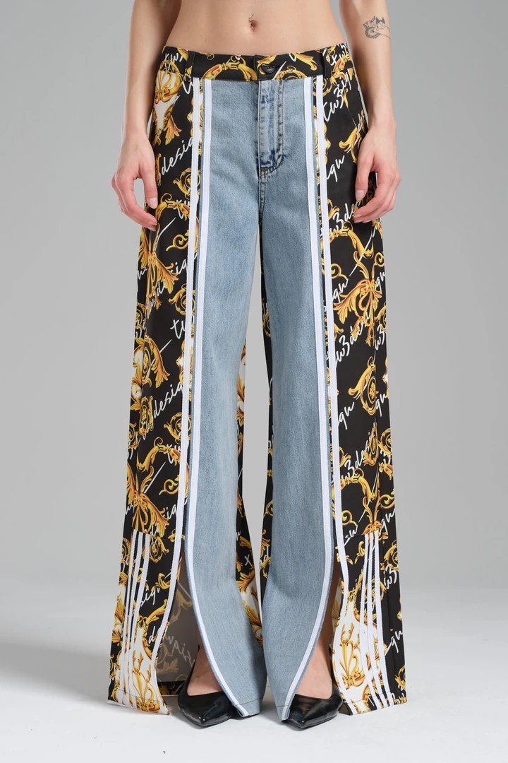 Women's Baroque Patterned Denim Fabric Garnished Leg Slit Design Palazzo Jean