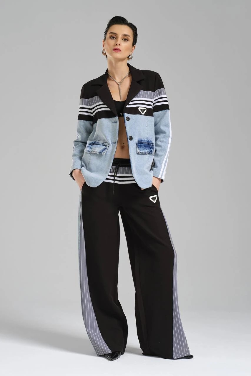 Kadın Şerit Detaylı ve Denim Garnili Tasarım Blazer Ceket & Palazzo Pantolon Kombini