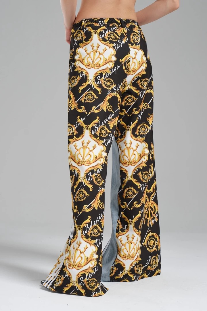 Women's Baroque Patterned Denim Fabric Garnished Leg Slit Design Palazzo Jean