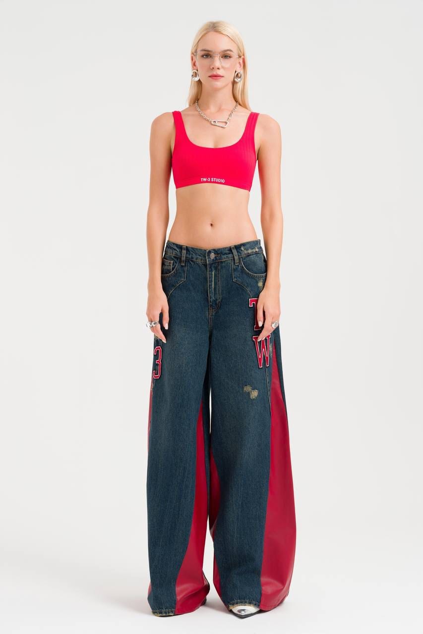 Leather Detailed Wide Leg Jean