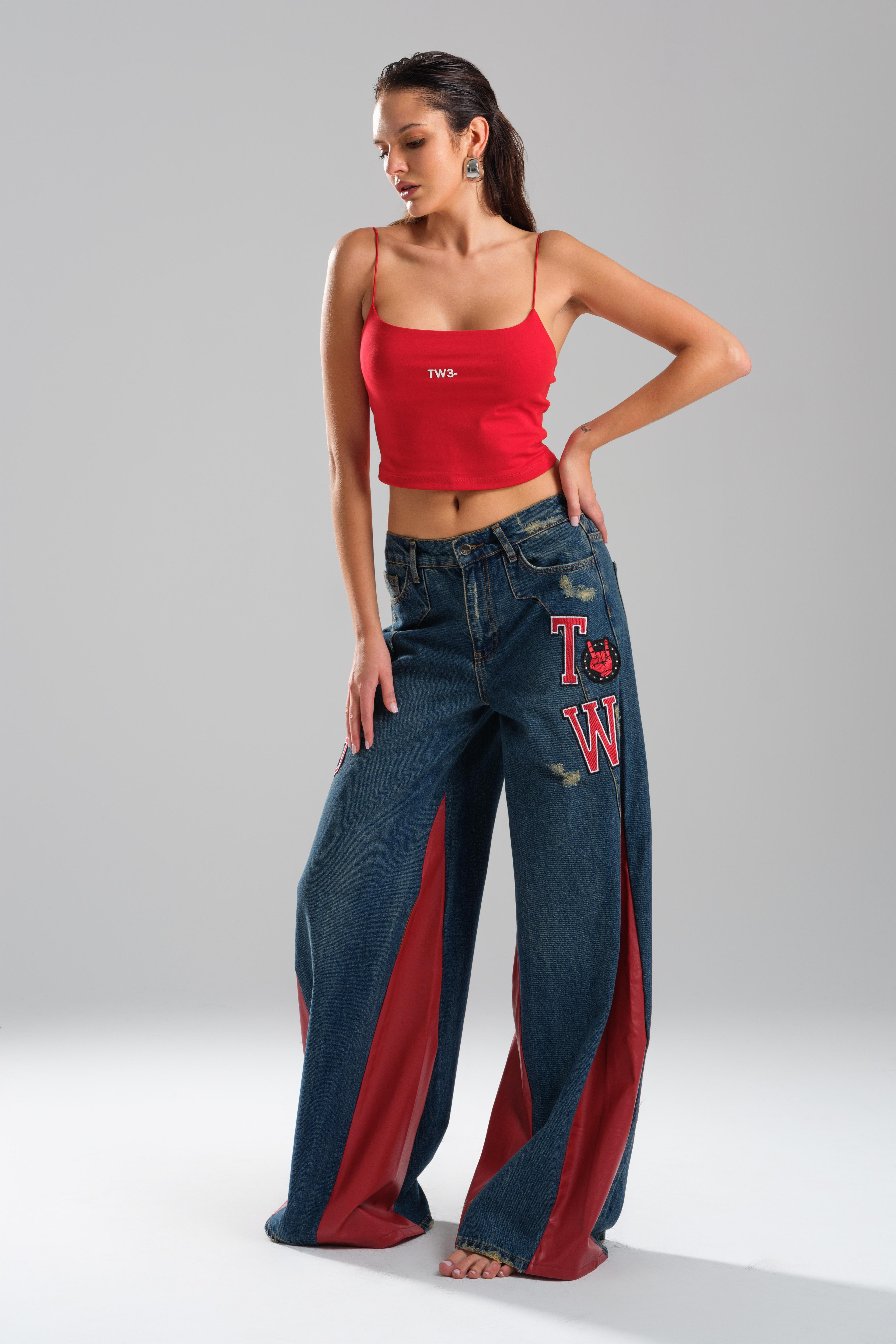 Leather Detailed Wide Leg Jean