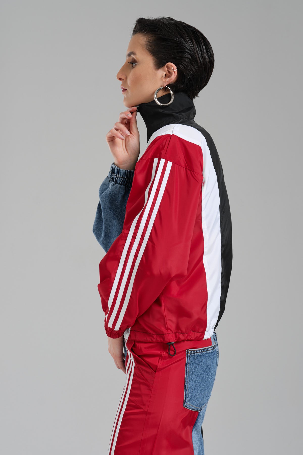 Kadın Denim ve Paraşüt Kumaş Garnili Tasarım Bomber Ceket