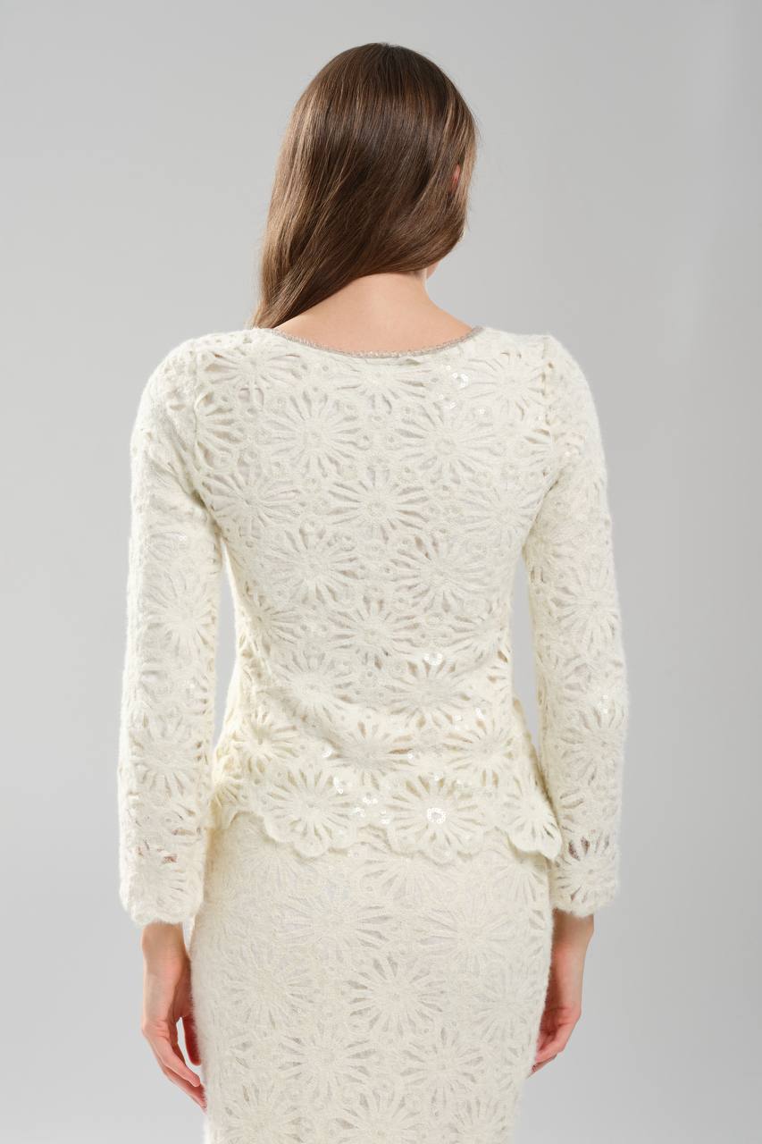 Kadın İki Parça Etek ve Bluz Triko İçi Astarlı Yakası El İşlemeli Tasarım Triko Takım