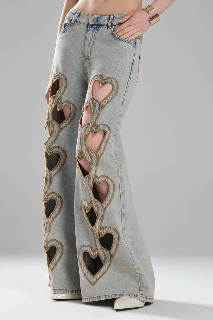 Kadın Kalp Nakışlı Tasarım Denim Palazzo Jean