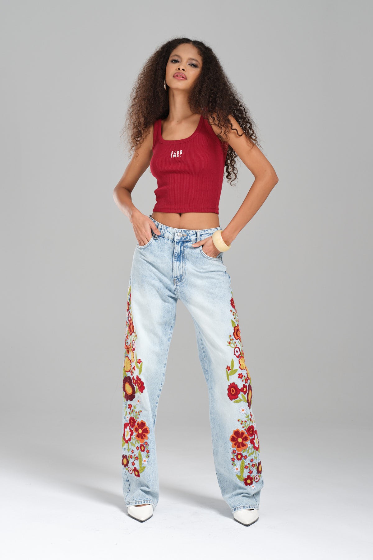 Kadın Snow Kot Rengi Çiçek Nakışlı Loose Fit Jean