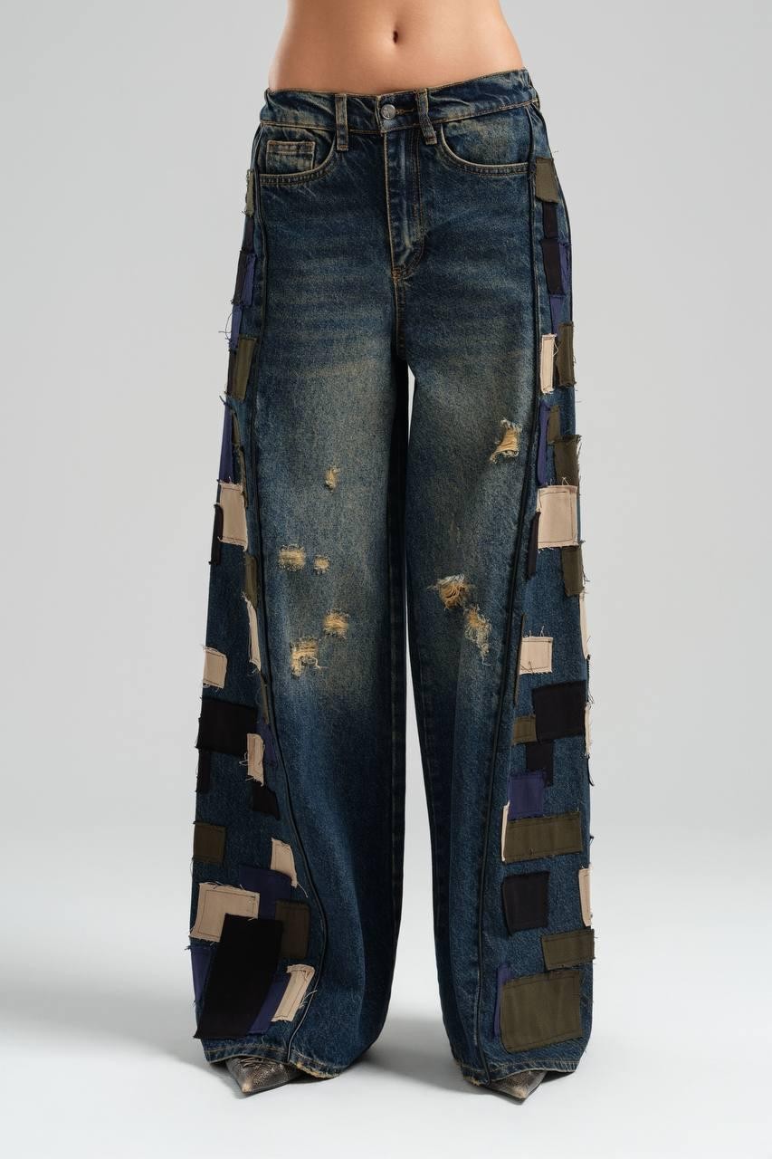 Wide Leg Jeans with Side Cutouts and Elastic Back Belt