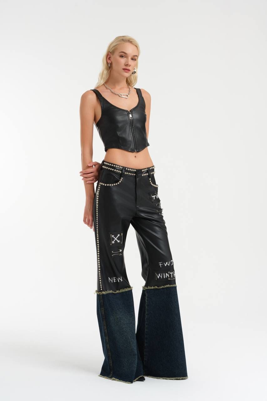 Denim Mixed, Flared Leg Leather Trousers