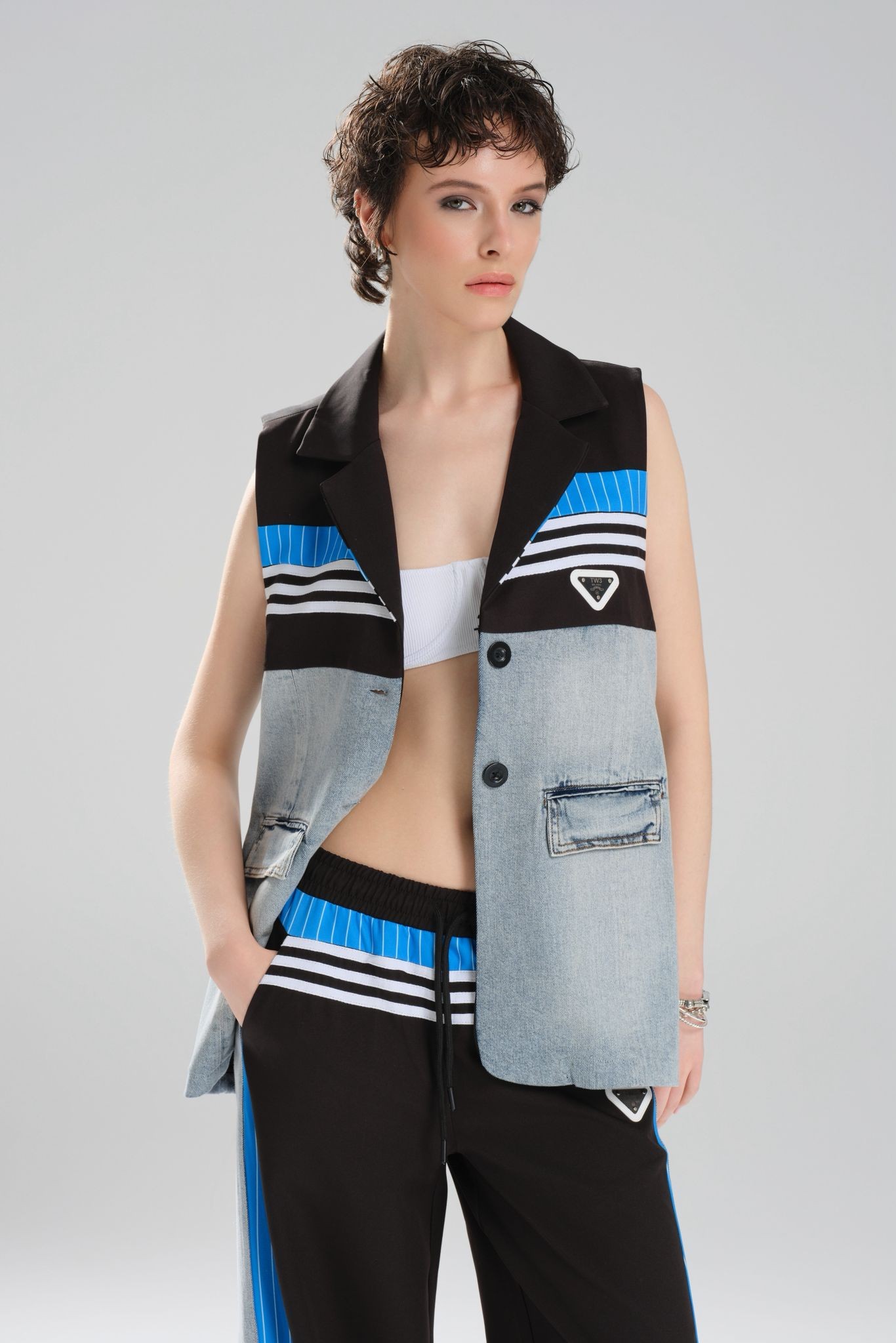 Kadın Şerit Detaylı ve Denim Garnili Tasarım Oversize Yelek