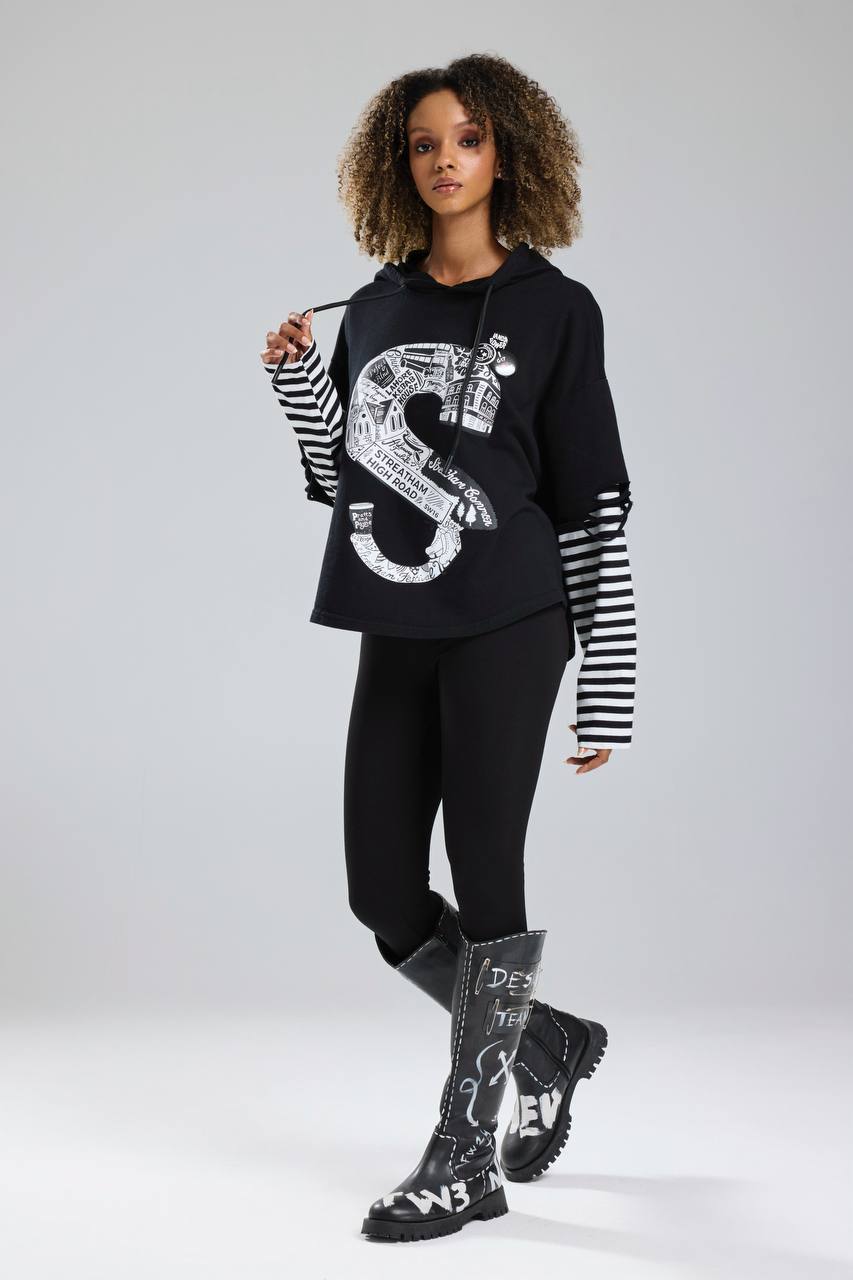 Kadın Rozet Detaylı Çizgili Kumaş Garnili Tasarım Sweatshirt