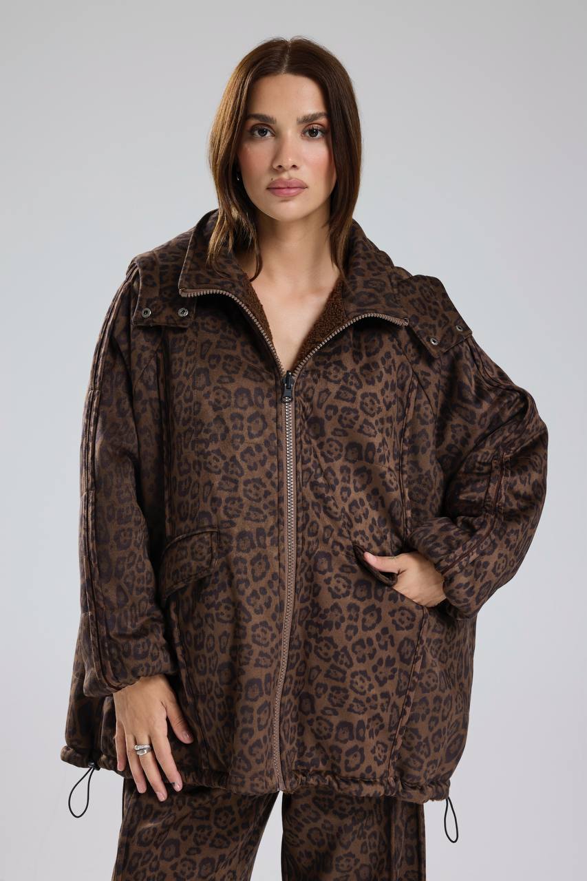 Kadın Leopar Süet Kumaş Çift Taraflı Giyilebilen Peluş Tasarım Mont Kaban