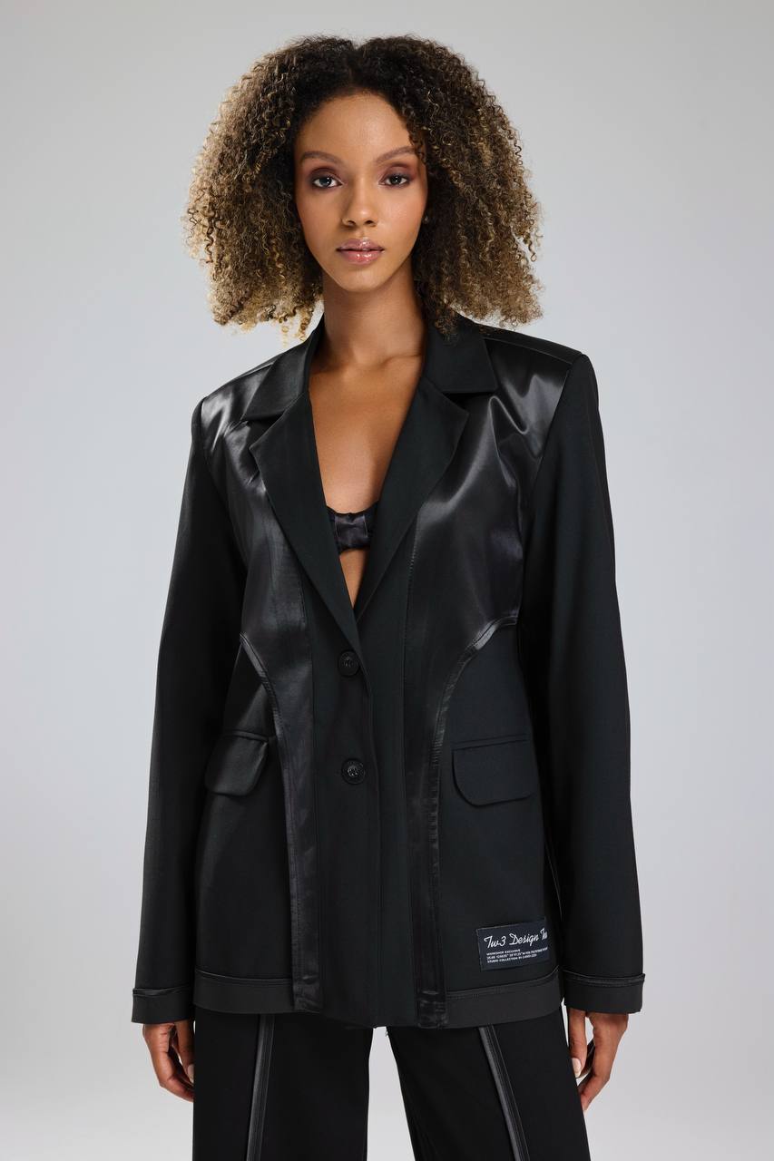 Kadın Saten Detaylı Biyeli Tasarım Blazer Ceket