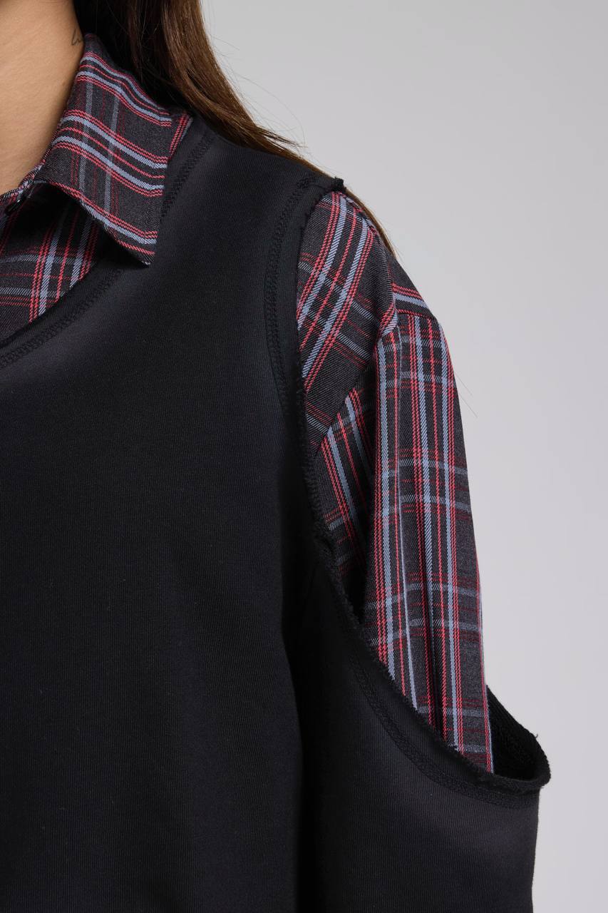Kadın Ekose ve Örme Kumaş Garnili Tasarım Gömlek