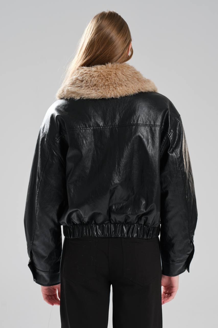 Kadın Deri Yakası Kürk Detaylı İçi Peluş Tasarım Ceket Mont