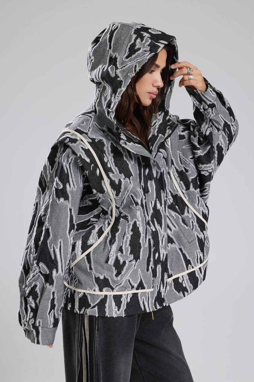 Kadın Desenli Denim Kumaş Kapüşonlu Tasarım Oversize Ceket