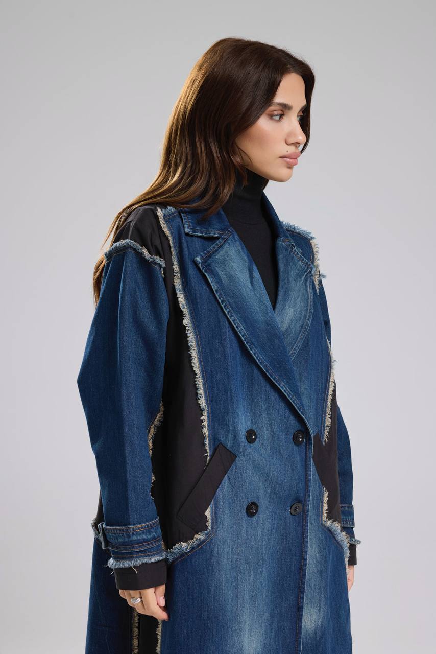 Kadın Denim Garnili Dokuma Kumaş Karışımlı Tasarım Trençkot