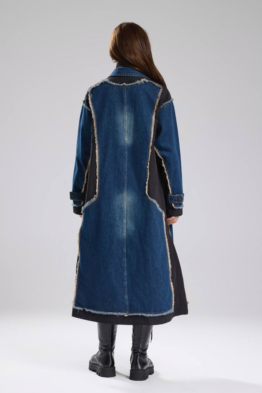 Kadın Denim Garnili Dokuma Kumaş Karışımlı Tasarım Trençkot