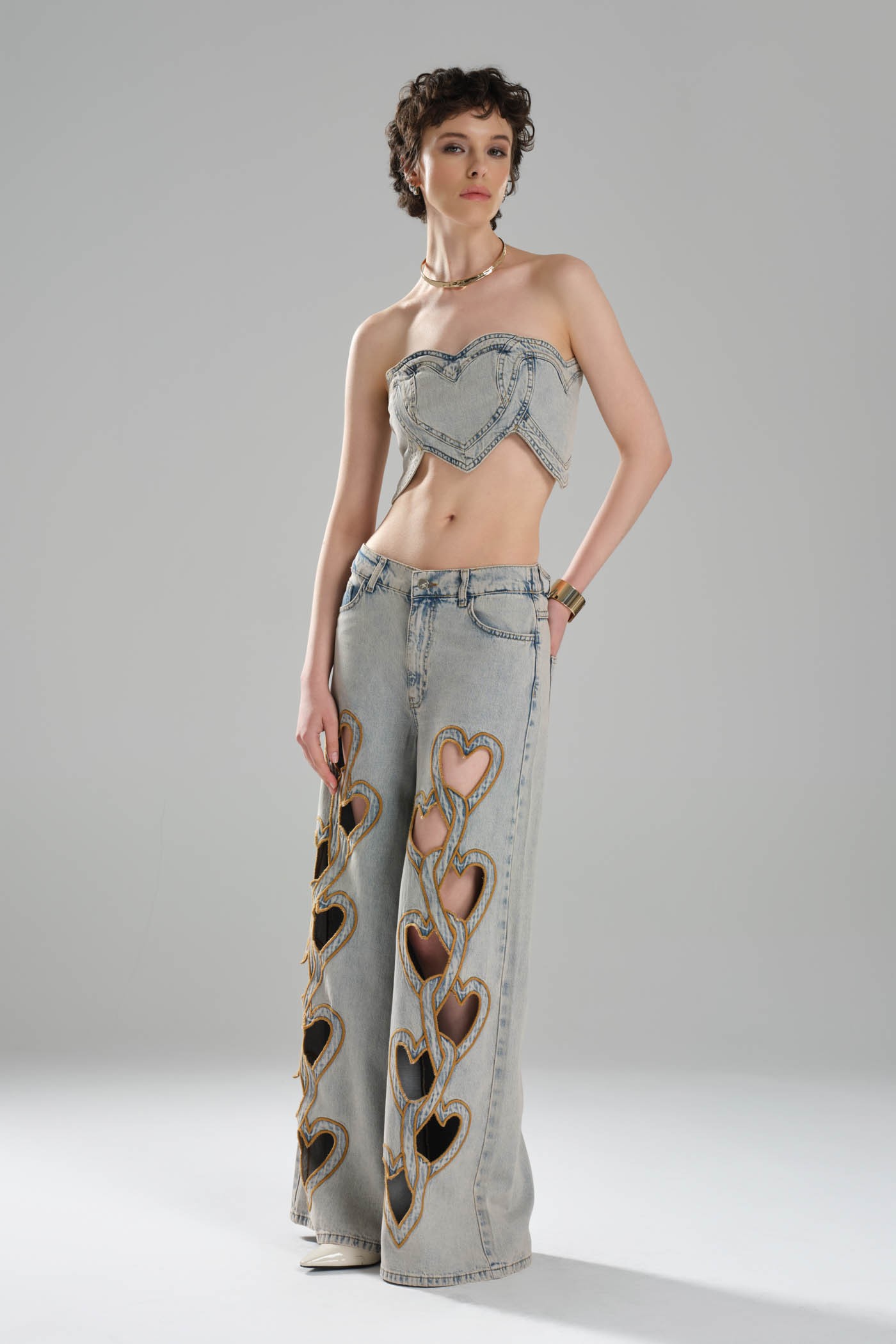 Kadın Kalp Detaylı Tasarım Denim Crop Büstiyer