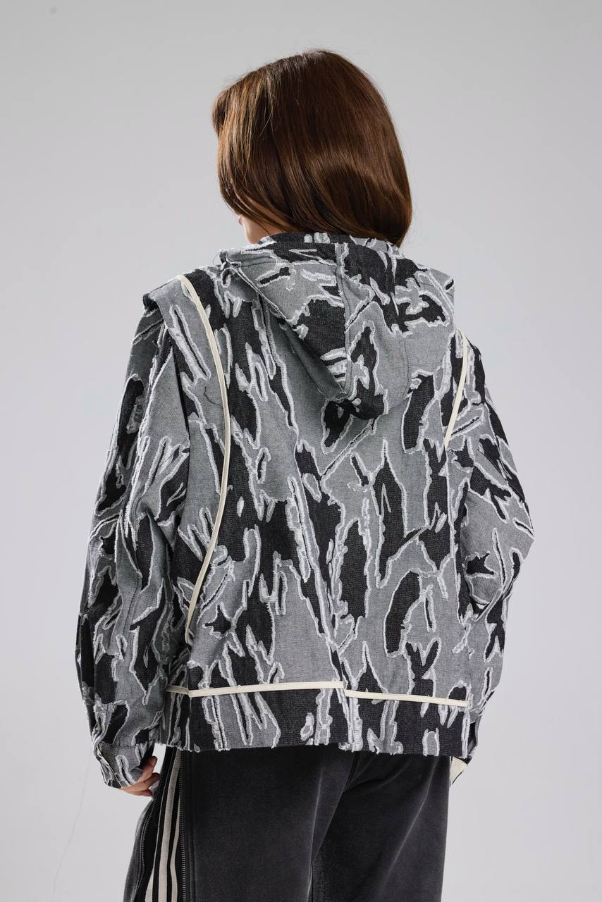 Kadın Desenli Denim Kumaş Kapüşonlu Tasarım Oversize Ceket