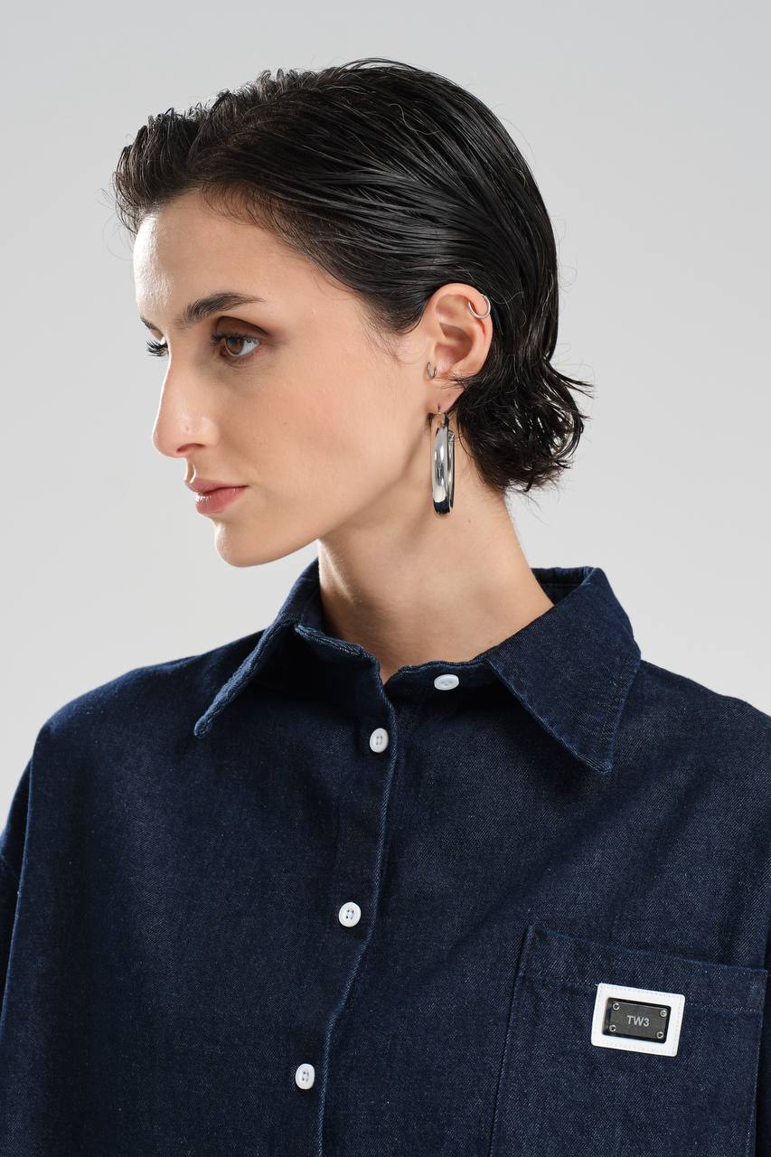 Kadın Denim Kolları Dantel ve Poplin Kumaş Detaylı Tasarım Gömlek