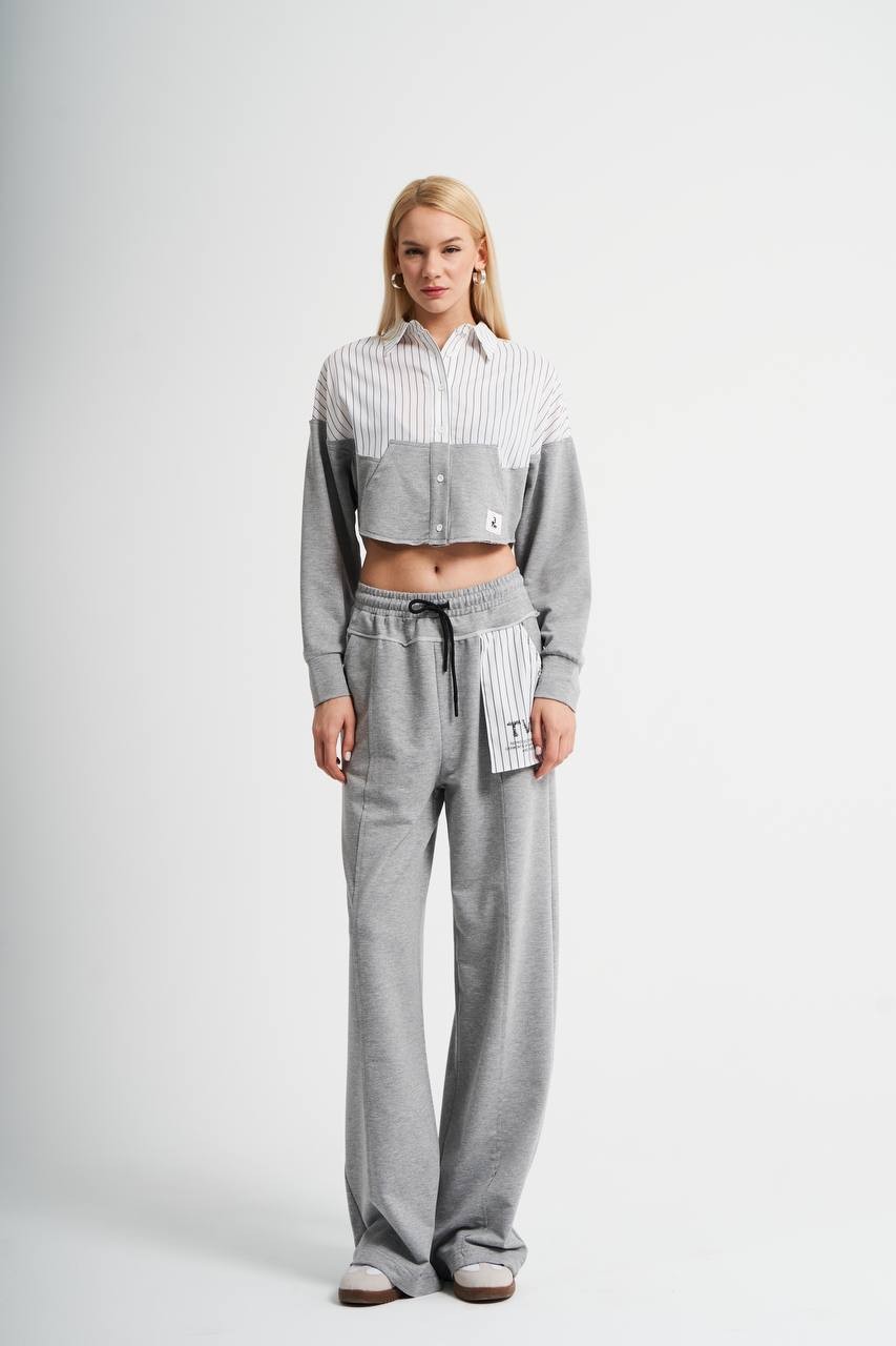 Kadın Çizgi Detaylı Örme Kumaş Tasarım Crop Gömlek