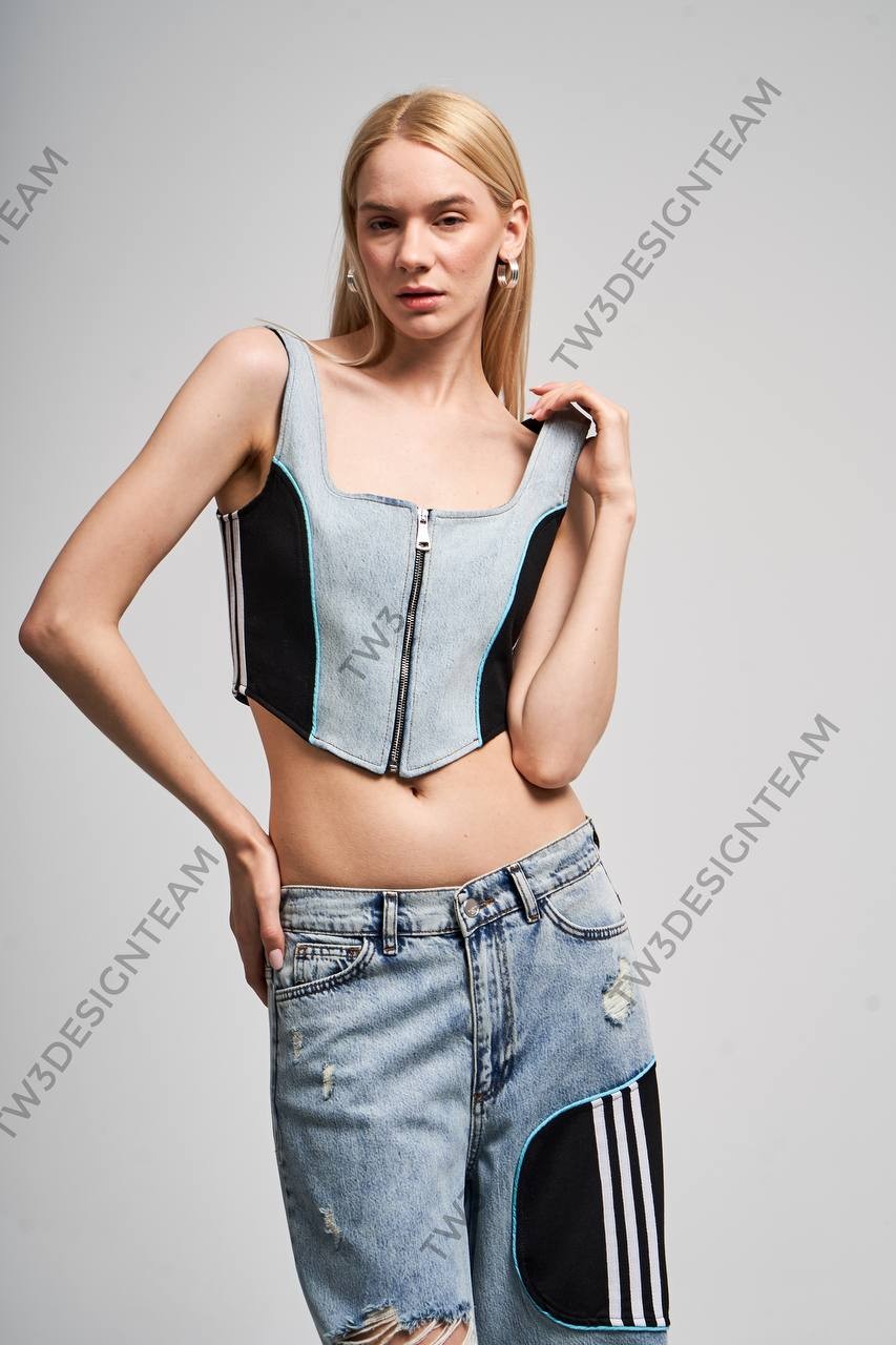 Denim Kumaş Tasarım Kadın Crop