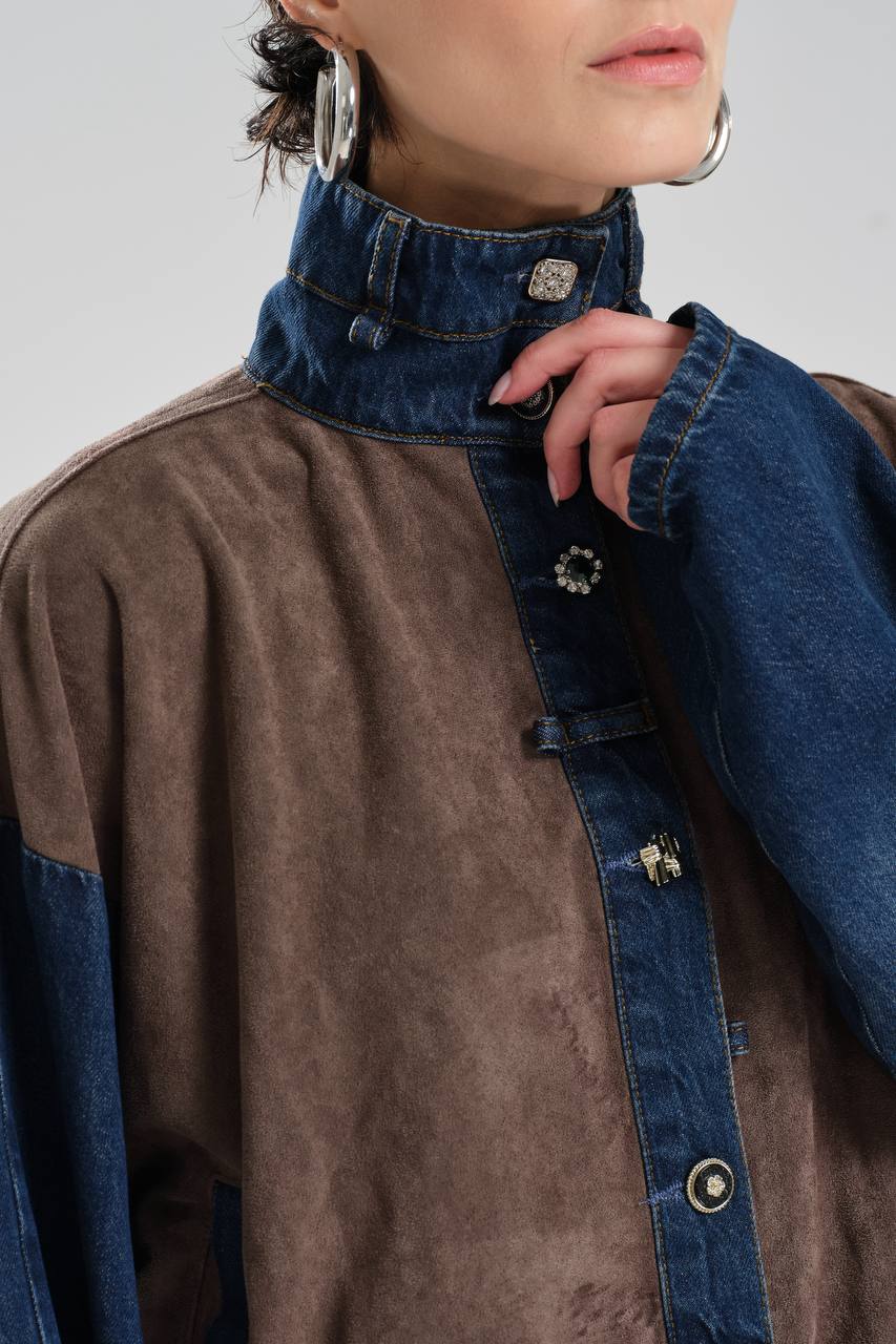 Kadın Süet Kumaş Garnili Düğme Detaylı Tasarım Ceket