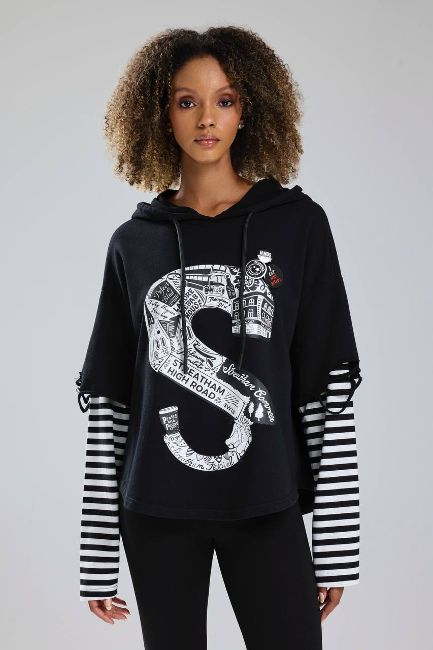 Kadın Rozet Detaylı Çizgili Kumaş Garnili Tasarım Sweatshirt