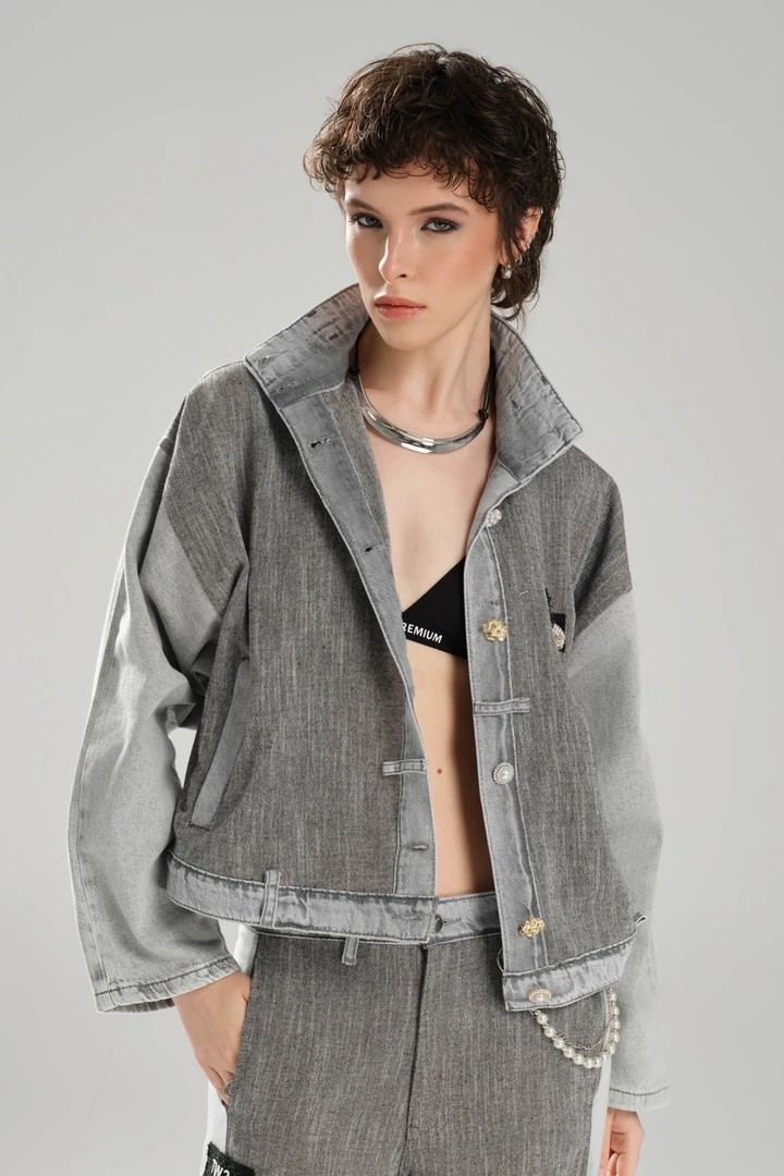 Kadın Taşlı Düğmeli Denim Kumaş Garnili Tasarım Ceket