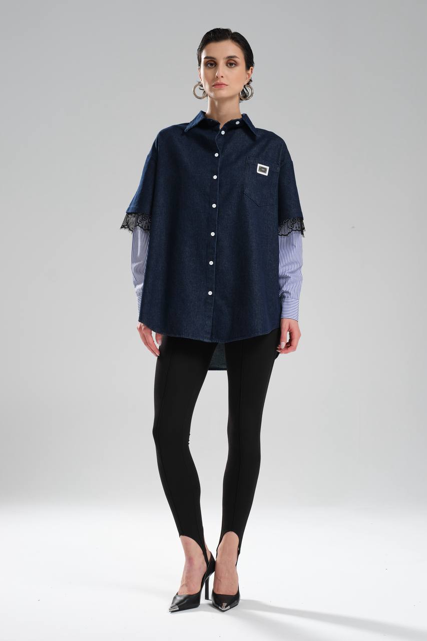 Kadın Denim Kolları Dantel ve Poplin Kumaş Detaylı Tasarım Gömlek