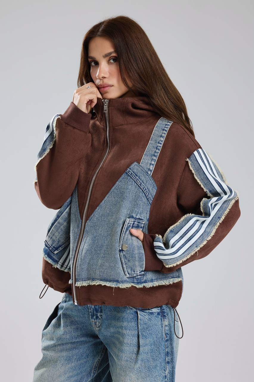 Kadın Süet ve Denim Garnili Şerit Detaylı Tasarım Ceket