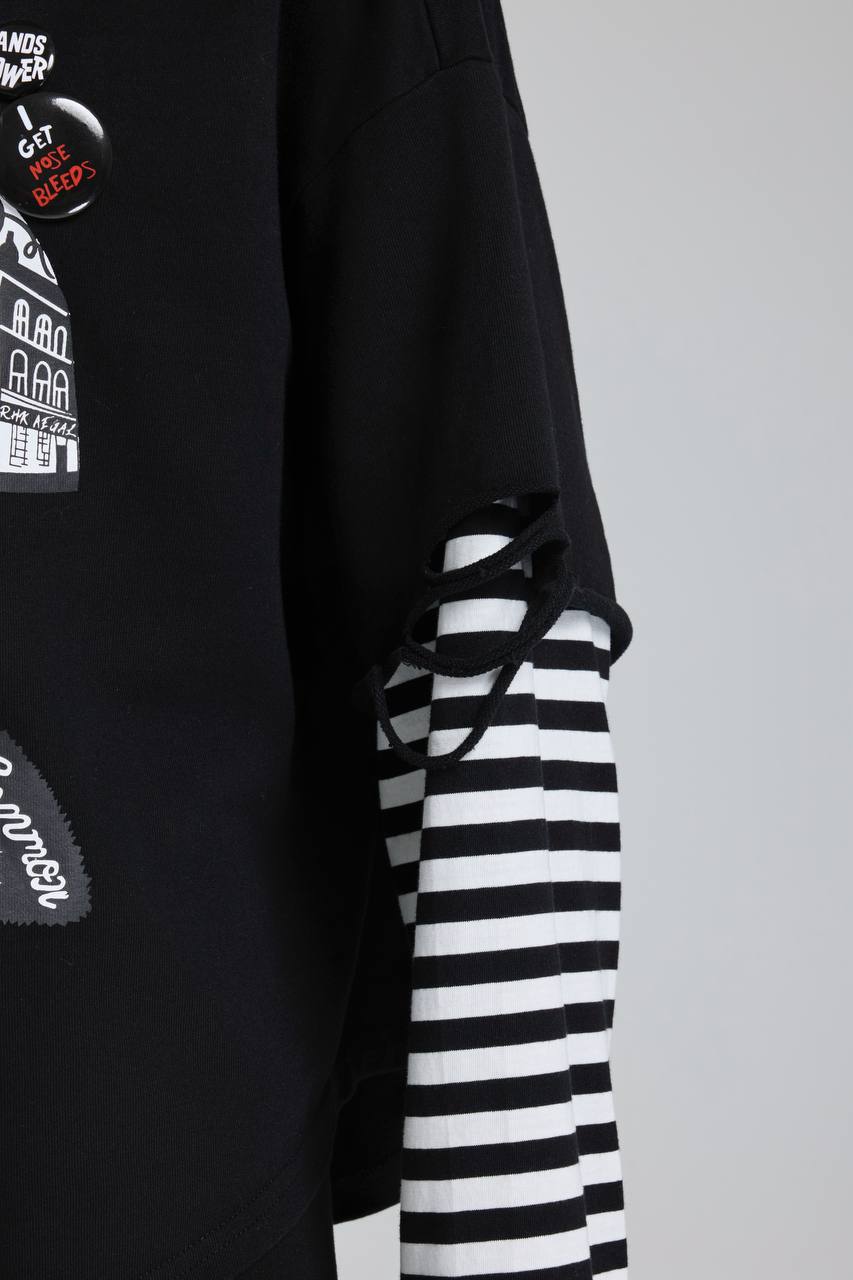 Kadın Rozet Detaylı Çizgili Kumaş Garnili Tasarım Sweatshirt