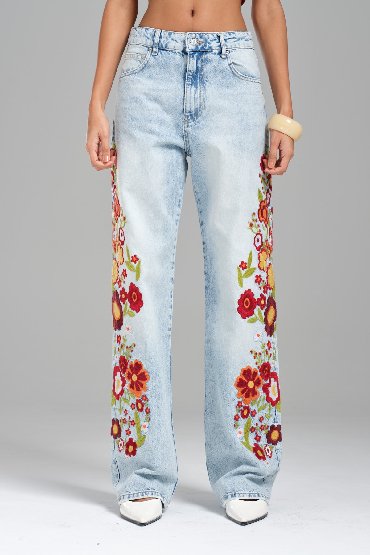 Kadın Snow Kot Rengi Çiçek Nakışlı Loose Fit Jean