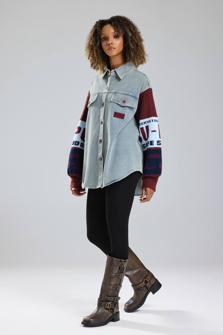 Kadın Kolları Triko Örgü Detaylı Denim Tasarım Gömlek Ceket